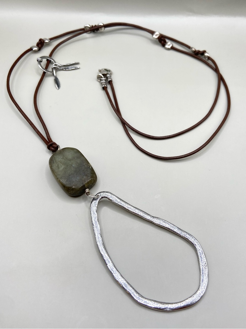 Silpada Brown Leather Necklace with Green Stone and Silver Teardrop Pendant
